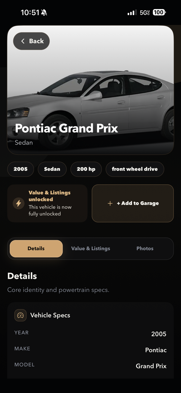 CarScanr vehicle identification result and specifications