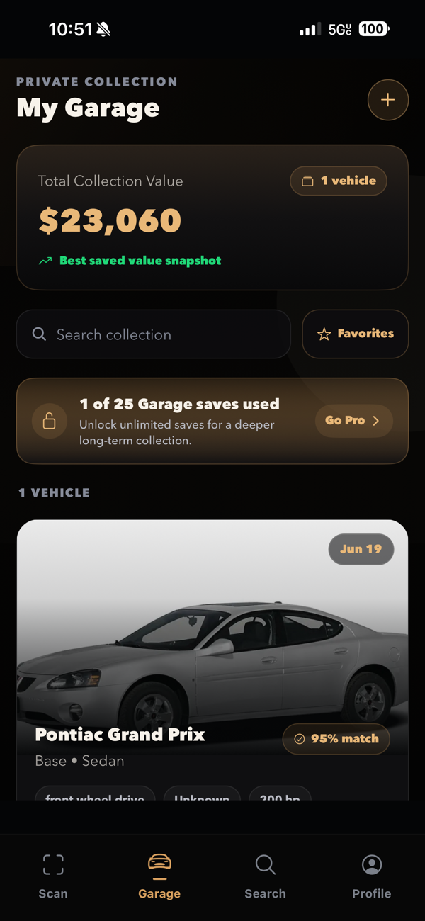 CarScanr Garage with a saved vehicle collection