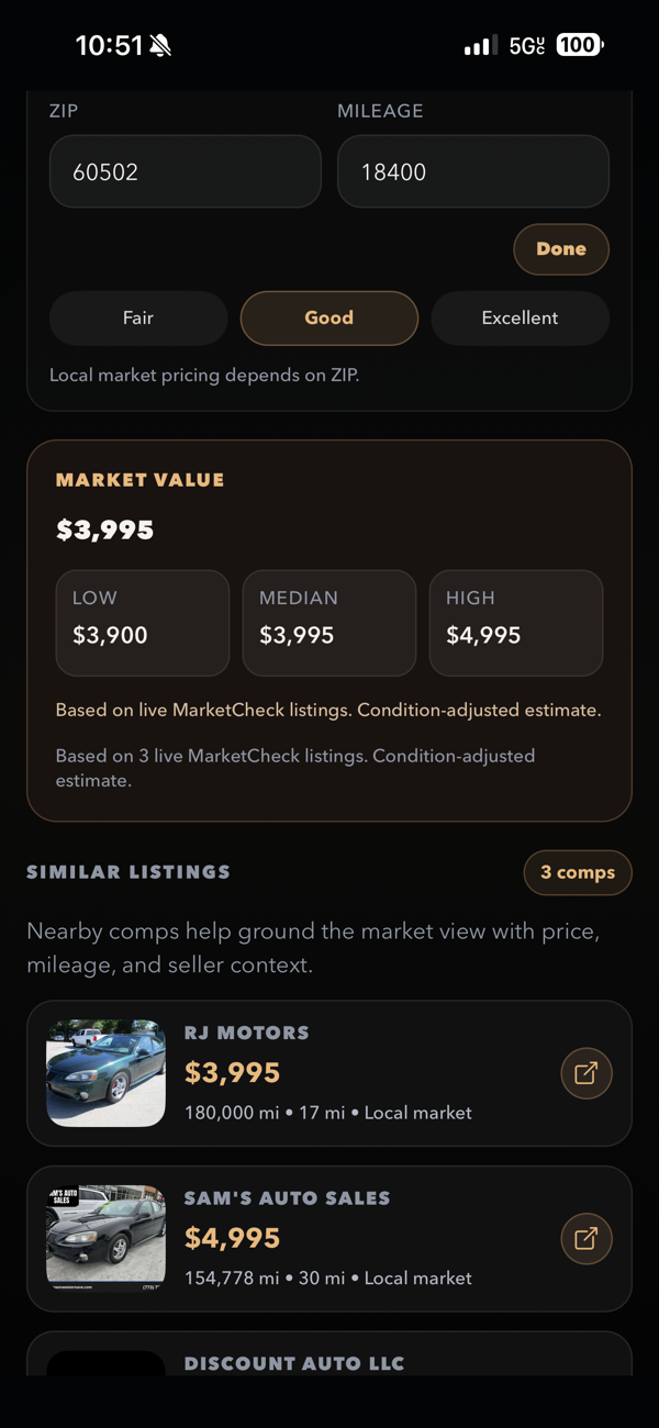 CarScanr market value and comparable listings screen